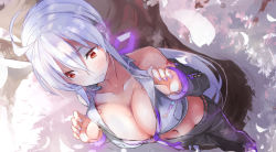 Rule 34 | 1girl, ahoge, arm tattoo, bare shoulders, black legwear, breasts, cleavage, collarbone, commentary, daidou (demitasse), from above, hair between eyes, hair ornament, headphones, highres, long hair, long sleeves, nail polish, navel, no bra, open clothes, open shirt, pants, ponytail, purple nails, red eyes, silver hair, solo, sweatdrop, tattoo, tree, vocaloid, yowane haku