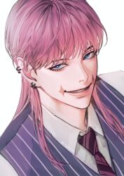 Rule 34 | 1boy, blue eyes, clay0229, collared shirt, ear piercing, eyelashes, from above, looking at viewer, male focus, necktie, parted lips, piercing, pink hair, portrait, purple necktie, purple vest, sanzu haruchiyo, scar, scar on face, shirt, simple background, smirk, solo, striped clothes, teeth, tokyo revengers, twitter username, upper teeth only, vest, white shirt