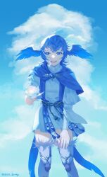 Rule 34 | 1girl, bird girl, bird tail, blue capelet, blue dress, blue hair, blue sky, blue thighhighs, blue wings, brooch, capelet, cloud, cloudy sky, crossed bangs, dress, feather trim, feathered wings, feet out of frame, final fantasy, final fantasy xiv, flower, head wings, highres, holding, holding flower, jewelry, leaning forward, long sleeves, looking at viewer, meteion, open mouth, outdoors, short dress, short hair, sky, smile, solo, standing, tail, teeth, thighhighs, tk (tksnim), twitter username, upper teeth only, wings