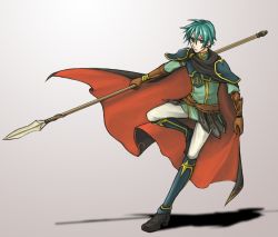 Rule 34 | 1boy, aqua eyes, aqua hair, armor, belt, boots, bracelet, cape, ephraim (fire emblem), fire emblem, fire emblem: the sacred stones, full body, gauntlets, grey background, hair between eyes, hazuki (nyorosuke), holding, holding cape, holding clothes, holding weapon, jewelry, lance, looking at viewer, male focus, nintendo, parted lips, polearm, serious, shadow, short hair, shoulder pads, simple background, solo, standing, standing on one leg, teeth, weapon