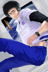 Rule 34 | 1boy, black hair, blue pants, brown eyes, drawing (object), facial hair, headset, highres, indoors, looking at viewer, male focus, nanba mutta, pants, photo (object), planet, sakai (ces 5166), shirt, solo, stubble, thick eyebrows, uchuu kyoudai, watch, white shirt, window, wristwatch, zero gravity