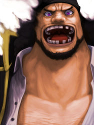 Rule 34 | 1boy, bandana, black hair, chest hair, darkness, facial hair, flared nostrils, highres, laughing, male focus, marshall d. teach, missing tooth, one piece, open mouth, pirate, purple eyes, smile, solo, yoshida takanori