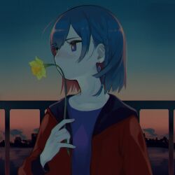 Rule 34 | 1girl, blue eyes, blue hair, blue shirt, braid, city, colored inner hair, diamond earrings, earrings, flower, hand up, holding, holding flower, hood, hood down, jacket, jewelry, kamitsubaki studio, long sleeves, looking away, looking to the side, multicolored eyes, multicolored hair, myomuron, no mouth, open clothes, open jacket, outdoors, pale skin, railing, red eyes, red hair, red jacket, rim (kamitsubaki studio), shirt, short hair, side braid, single earring, sky, skyline, solo, star (sky), starry sky, sunset, swept bangs, upper body, virtual youtuber, yellow flower, yellow pupils