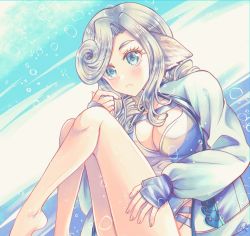 Rule 34 | 1girl, animal ears, aquaplus, bare legs, barefoot, blue eyes, blush, breasts, cleavage, closed mouth, competition swimsuit, curly hair, eyelashes, eyes visible through hair, feet, fingerless gloves, fingernails, from side, full body, gloves, gradient eyes, hair over one eye, hasu hiko, jacket, knees up, large breasts, long sleeves, medium hair, multicolored eyes, munechika, one-piece swimsuit, silver hair, solo, swept bangs, swimsuit, thighs, utawarerumono, utawarerumono: itsuwari no kamen, utawarerumono: lost flag