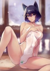 Rule 34 | 1girl, absurdres, animal ears, ban! (bansankan), black hair, blue eyes, blurry, blurry background, breasts, choker, closed mouth, covered navel, covering breasts, covering privates, depth of field, highres, lips, looking at viewer, medium breasts, melonbooks, naked towel, nude cover, purple hair, scan, short hair, sitting, smile, solo, spread legs, steam, towel