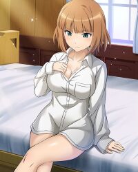 Rule 34 | 1girl, bed, blush, brave witches, breasts, brown hair, cleavage, closed mouth, collarbone, crossed legs, green eyes, gundula rall, indoors, large breasts, official art, on bed, shirt, short hair, sitting, solo, white shirt, window, world witches series