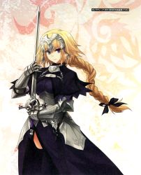 Rule 34 | 1girl, absurdres, armor, armored dress, black ribbon, blonde hair, blue eyes, braid, fate/apocrypha, fate (series), gauntlets, hair ornament, hair ribbon, highres, holding, holding sword, holding weapon, jeanne d&#039;arc (fate), jeanne d&#039;arc (ruler) (fate), long hair, ribbon, smile, solo, sword, weapon
