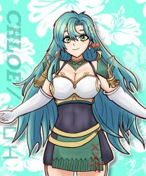 Rule 34 | 1girl, aqua background, aqua hair, armor, black dress, bow, breastplate, breasts, byakko (bliitzschlag), character name, chloe (fire emblem), cleavage, commentary, covered navel, cowboy shot, dress, earrings, elbow gloves, english commentary, fire emblem, fire emblem engage, floral background, garter straps, gloves, green eyes, hair between eyes, hair bow, highres, jewelry, large breasts, long hair, looking at viewer, nintendo, orange bow, pauldrons, short dress, shoulder armor, smile, solo, standing, very long hair, white gloves