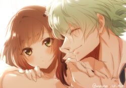 Rule 34 | 1boy, 1girl, blush, brown hair, closed eyes, clothed male nude female, collar x malice, facing another, facing to the side, facing viewer, green eyes, hoshino ichika (collar x malice), light green hair, looking at another, nude, sasazuka takeru, short hair, sketch, sorata (usausa), white background
