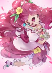 Rule 34 | 1girl, absurdres, closed mouth, cure grace, flower, from above, gloves, hair flower, hair ornament, hanadera nodoka, healin&#039; good precure, highres, holding, holding wand, long hair, looking at viewer, magical girl, pink background, pink eyes, pink hair, precure, shipu (gassyumaron), smile, solo, wand, white gloves