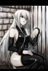 Rule 34 | 1girl, bdsm, black eyes, bondage, bound, bound wrists, breasts, chain, elbow gloves, elf, female focus, gloves, large breasts, long hair, minarai, pointy ears, silver hair, solo, thighhighs