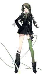 Rule 34 | 1girl, belt, belt boots, black dress, black gloves, black hair, black skirt, boots, bow, bowtie, braid, closed mouth, comori, dress, full body, gloves, green bow, green bowtie, green eyes, green hair, green thighhighs, hand on own hip, highres, holding, holding microphone, leg belt, long hair, long sleeves, looking at viewer, microphone, multicolored hair, original, pleated skirt, simple background, single thighhigh, skirt, solo, standing, streaked hair, thighhighs, twin braids, white background, wire