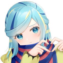 Rule 34 | 1boy, blue eyes, blue hair, creatures (company), game freak, green hair, grusha (pokemon), heart, heart hands, looking at viewer, multicolored hair, nintendo, pokemon, pokemon sv, pout, scarf, solo, takahara, trap