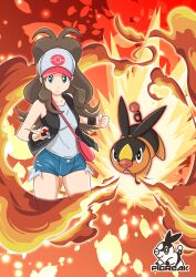 Rule 34 | 1girl, 1other, absurdres, adapted costume, artist name, bare legs, baseball cap, blue eyes, breasts, brown hair, clenched hand, creatures (company), crop top, denim, denim shorts, fire, game freak, gen 5 pokemon, hat, high ponytail, highres, hilda (pokemon), holding, holding poke ball, long hair, looking at viewer, nintendo, pigreak, poke ball, poke ball (basic), pokemon, pokemon bw, ponytail, shirt, shorts, sky, sleeveless, sleeveless shirt, smile, sun, tepig, vest