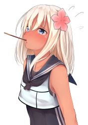 Rule 34 | 10s, 1girl, absurdres, arms at sides, bare arms, bare shoulders, blue eyes, blush, breasts, crop top, crop top overhang, flower, flying sweatdrops, food, food in mouth, from side, go-1, hair flower, hair ornament, highres, kantai collection, long hair, mouth hold, neckerchief, one-piece swimsuit, pink flower, pocky, pocky day, revision, ro-500 (kancolle), school swimsuit, school uniform, serafuku, simple background, sleeveless, small breasts, solo, swimsuit, swimsuit under clothes, tan, upper body, white background, white hair
