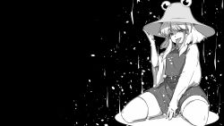 Rule 34 | 1girl, arm up, between legs, black background, commentary request, greyscale, hand between legs, hand on headwear, hat, highres, long sleeves, long tongue, looking at viewer, monochrome, moriya suwako, negative space, open mouth, short hair, sidelocks, sitting, skirt, skirt set, solo, sunatoshi, thighhighs, tongue, tongue out, touhou, wide sleeves, zettai ryouiki