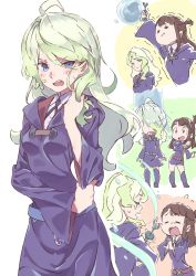 Rule 34 | 2girls, 3koma, :i, = =, ahoge, blonde hair, blue eyes, boots, brown hair, collared shirt, comic, crying, diana cavendish, flying sweatdrops, hair over eyes, hand up, holding, hood, hood down, inset, kagari atsuko, knee boots, little witch academia, long hair, long sleeves, looking at another, magic, multiple girls, open mouth, own hands together, ponytail, purple footwear, purple robe, robe, school uniform, shirt, simple background, standing, sweatdrop, tama (tama-s), trembling, v-shaped eyebrows, wand, wet, wet clothes, wet hair, white shirt, wide sleeves