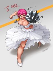 Rule 34 | 1girl, bare shoulders, breasts, cleavage, cyphers, dress, jewelry, large breasts, necklace, nestkeeper, pink hair, punching, rebecca rushton, narrow waist, solo, strapless, strapless dress, white dress
