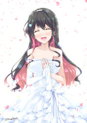 Rule 34 | 1girl, :d, alternate costume, black hair, blush, collarbone, dress, elbow gloves, facing viewer, fang, flat chest, frilled dress, frills, gloves, unworn gloves, hairband, hand on own chest, happy, jewelry, kantai collection, lens flare, long hair, mikage takashi, naganami (kancolle), necklace, open mouth, own hands together, pearl necklace, pendant, pink hair, simple background, smile, solo, strapless, strapless dress, twitter username, very long hair, wavy hair, wedding dress, white background, white dress, white gloves, zoom layer