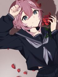 Rule 34 | 1girl, arm up, black sailor collar, black serafuku, black shirt, black skirt, blue eyes, closed mouth, collared shirt, flower, from above, grey neckerchief, hair between eyes, head wings, highres, hololive, looking at viewer, lying, neckerchief, on back, petals, pink hair, pleated skirt, red flower, rose, sailor collar, sailor shirt, school uniform, serafuku, shirt, short hair, skirt, smile, solo, takane lui, upper body, virtual youtuber, wings, yamagamiamami
