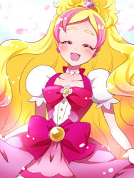 Rule 34 | 1girl, :d, ^ ^, blush, bow, closed eyes, cure flora, dress, earrings, flower, flower earrings, flower necklace, gloves, go! princess precure, haruno haruka, jewelry, kagami chihiro, long hair, magical girl, mode elegant (go! princess precure), multicolored hair, necklace, open mouth, petals, pink bow, precure, puffy short sleeves, puffy sleeves, short sleeves, skirt hold, smile, solo, streaked hair, thick eyebrows, two-tone hair, upper body, waist bow, white gloves
