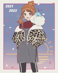 Rule 34 | 1girl, 2022, alternate costume, black pants, border, bright pupils, brown hair, buttons, commentary request, confetti, creatures (company), game freak, gen 3 pokemon, green eyes, grey background, hari611, highres, jacket, jewelry, looking at viewer, lower teeth only, may (pokemon), necklace, nintendo, off shoulder, on shoulder, open clothes, open jacket, open mouth, outside border, pants, pokemon, pokemon (creature), pokemon on shoulder, pokemon rse, red sweater, swablu, sweater, teeth, tongue, torn clothes, white border