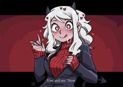 Rule 34 | 1girl, black horns, black skirt, black suit, blush, breasts, business suit, curly hair, demon girl, demon horns, demon tail, foluthewizard, formal, hand on breast, heart, heart-shaped pupils, helltaker, highres, horns, large breasts, licking lips, long sleeves, looking at viewer, medium hair, modeus (helltaker), monster girl, pantyhose, red eyes, red sweater, ribbed shirt, shirt, short hair, skirt, sleeves past wrists, solo, standing, suit, sweater, symbol-shaped pupils, tail, tongue, tongue out, turtleneck, upper body, white hair