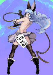 Rule 34 | 1girl, animal ears, ass, backless dress, backless outfit, bare back, black footwear, black gloves, black thighhighs, blue hair, boots, breasts, censored, commentary request, dress, erune, ferry (granblue fantasy), fighting stance, from behind, full body, gloves, granblue fantasy, granblue fantasy versus, grey dress, grey eyes, highres, holding, holding weapon, holding whip, johan (johan13), long hair, no bra, no panties, novelty censor, rabbit ears, sideboob, small breasts, solo, thighhighs, weapon, whip