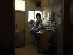 Rule 34 | 1girl, backlighting, black eyes, black hair, black pantyhose, clothes lift, collared shirt, commentary, cupboard, dark, dish rack, door, earth (planet), english commentary, full body, highres, hironoshousei, indoors, jupiter (planet), ladle, long hair, long sleeves, looking at viewer, muted color, neptune (planet), original, pantyhose, planet, pleated skirt, saturn (planet), school uniform, shirt, skirt, skirt lift, solo, space, standing, star (sky), tongs, whisk, white shirt, wide shot, window