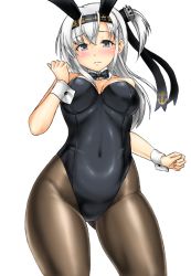 Rule 34 | 1girl, animal ears, bare legs, black headband, black leotard, black pantyhose, blush, bow, bowtie, breasts, collarbone, covered navel, cowboy shot, detached collar, embarrassed, fake animal ears, fake tail, gluteal fold, hachimaki, hair between eyes, headband, kantai collection, kudou (ooabareteng), leotard, long hair, medium breasts, one side up, pantyhose, playboy bunny, rabbit ears, simple background, solo, strapless, strapless leotard, suzutsuki (kancolle), tail, traditional bowtie, white background