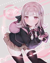 Rule 34 | 1girl, absurdres, backpack, bag, bent over, black jacket, black shirt, black thighhighs, blouse, blush, breasts, collared shirt, commentary request, contrapposto, danganronpa (series), danganronpa 2: goodbye despair, dress shirt, feet out of frame, flipped hair, hair intakes, hair ornament, handheld game console, highres, holding, hood, jacket, long sleeves, looking at viewer, miniskirt, nanami chiaki, neck ribbon, open clothes, open jacket, parted lips, pink bag, pink eyes, pink hair, pink ribbon, pleated skirt, ribbon, shirt, skirt, solo, spaceship hair ornament, thighhighs, usanta, white shirt, zettai ryouiki