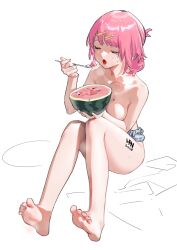 Rule 34 | 1girl, bare legs, barefoot, blue shorts, breasts, closed eyes, collarbone, dated, eating, feet, food, fruit, full body, hair ornament, hairclip, han-0v0, hands up, highres, holding, holding spoon, knees together feet apart, legs, medium breasts, medium hair, nail polish, on ground, open mouth, original, pink hair, shorts, sidelocks, signature, simple background, sitting, soles, solo, spoon, sweatdrop, swept bangs, thighs, toenail polish, toenails, toes, topless, watermelon, white background