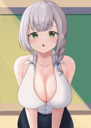 Rule 34 | 1girl, 9696k, :o, absurdres, bare arms, bare shoulders, black skirt, blue bow, blush, bow, braid, braided ponytail, breasts, buttons, chalkboard, cleavage, collarbone, collared shirt, cowboy shot, eyelashes, green eyes, grey hair, hair bow, highres, hololive, large breasts, leaning forward, looking at viewer, open mouth, shirogane noel, shirt, side ponytail, single braid, skirt, sleeveless, sleeveless shirt, solo, virtual youtuber, white shirt