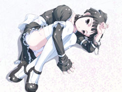Rule 34 | 1girl, black hair, cuffs, handcuffs, lace, lace-trimmed panties, lace trim, lying, maid, original, panties, purple eyes, simple background, solo, thighhighs, underwear, white background, white panties, white theme, yousisi