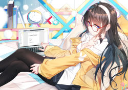 Rule 34 | 1girl, black hair, black pantyhose, black skirt, blue eyes, book, bookshelf, braid, breasts, cleavage, collarbone, commentary request, computer, english text, from side, glasses, hair ornament, hairband, highres, indoors, jacket, laptop, large breasts, long hair, long sleeves, lying, mole, original, pantyhose, pillow, qys3, red-framed eyewear, shirt, skirt, solo, white hairband, white shirt, yellow jacket