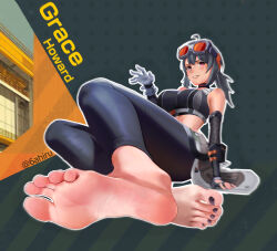 1girl 6ahiru absurdres barefoot black_hair feet goggles goggles_on_head grace_howard grin highres long_hair looking_at_viewer nail_polish pink_eyes smile soles toenail_polish toenails toes zenless_zone_zero