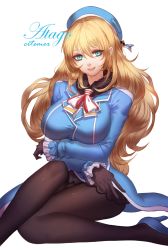 Rule 34 | 10s, 1girl, aqua eyes, artist name, atago (kancolle), beret, black gloves, black pantyhose, blonde hair, blue dress, breast hold, breasts, character name, citemer, crossed arms, dress, frilled sleeves, frills, gloves, hat, high heels, highres, kantai collection, large breasts, liuruoyu8888, long hair, looking at viewer, military, military uniform, open mouth, pantyhose, sitting, solo, uniform, very long hair
