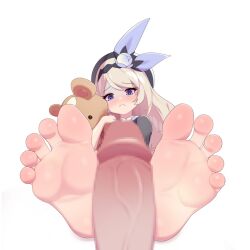 Rule 34 | 1girl, barefoot, blonde hair, blue eyes, blush, censored, clenched teeth, commission, dragalia lost, feet, footjob, lathna, long hair, looking at viewer, maidforge, mosaic censoring, penis, pixiv commission, pov, soles, solo focus, stuffed animal, stuffed toy, teddy bear, teeth, toes