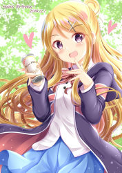 Rule 34 | 1girl, blonde hair, blue skirt, blush, bow, can, collared shirt, commentary request, dated, hair bun, hair ornament, hairclip, happy birthday, heart, highres, holding, holding can, hood, hood down, hooded jacket, jacket, kin-iro mosaic, kujou karen, long hair, looking at viewer, open clothes, open jacket, pink bow, pleated skirt, purple eyes, purple jacket, shirt, single hair bun, skirt, solo, striped, striped bow, union jack, very long hair, white shirt, x hair ornament, xenon (for achieve)
