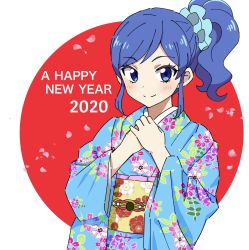 Rule 34 | 1girl, 2020, aikatsu!, aikatsu! (series), blue eyes, blue hair, blue kimono, blue scrunchie, closed mouth, commentary, english text, floral print, furisode, hair ornament, hair scrunchie, hands on own chest, happy new year, highres, japanese clothes, kimono, kiriya aoi, kousuke0912, long hair, looking at viewer, new year, obi, print kimono, sash, scrunchie, side ponytail, smile, solo, split mouth, standing, swept bangs, upper body