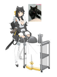Rule 34 | 1girl, absurdres, animal ears, apron, bahao diqiu, belt, black dress, black footwear, black hair, blush, bow, breasts, cat, cat ears, cat tail, cleavage, cleavage cutout, clothing cutout, commentary, detached sleeves, dress, full body, hair bow, highres, long hair, long sleeves, looking at viewer, maid apron, medium breasts, original, pantyhose, petticoat, photo (medium), photo inset, pitcher (container), reference inset, revealing clothes, salt shaker, serving cart, serving dome, simple background, solo, standing, tail, tongue, tongue out, white background, white pantyhose, yellow bow, yellow eyes
