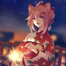Rule 34 | 1girl, :d, ahoge, alternate costume, animal ears, arknights, bow, commentary, fingernails, fireworks, floral print, gravel (arknights), hair between eyes, hair bow, hair bun, hair ornament, hairclip, holding fireworks, japanese clothes, kimono, lips, long sleeves, looking at viewer, medium hair, nail polish, obi, open mouth, pink hair, pink nails, prairie dog ears, railing, red bow, sash, single hair bun, sky, smile, solo, sparkler, star (sky), starry sky, teeth, tongue, upper body, upper teeth only, weibo logo, weibo watermark, white kimono, wide sleeves, yehehua, yellow eyes