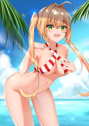 Rule 34 | 1girl, absurdres, ahoge, bad id, bad pixiv id, bent over, bikini, blonde hair, blush, bottomless, breasts, catnnn, commentary request, criss-cross halter, day, fang, fate/grand order, fate (series), green eyes, hair between eyes, hair intakes, halterneck, highres, large breasts, long hair, looking at viewer, navel, nero claudius (fate), nero claudius (fate) (all), nero claudius (swimsuit caster) (fate), outdoors, revision, smile, solo, striped bikini, striped clothes, swimsuit, twintails, water