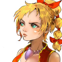 Rule 34 | 1girl, blonde hair, blue eyes, chrono cross, facial mark, high ponytail, highres, jewelry, kid (chrono cross), lips, long hair, multi-tied hair, necklace, ponytail, simple background, sleeveless, solo, vest, white background