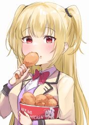 1girl arihara_nanami ayachi_nene black_scrunchie blonde_hair blush bow bowtie cardigan character_print chicken_(food) collared_shirt commentary company_connection eating eyes_visible_through_hair food food_in_mouth food_on_face fried_chicken hair_between_eyes hair_ornament hair_scrunchie hand_up highres holding holding_food jacket kikka_academy_school_uniform long_hair long_sleeves looking_at_viewer open_clothes open_jacket purple_cardigan red_bow red_bowtie red_eyes riddle_joker sanoba_witch school_uniform scrunchie shirt sleeves_past_wrists solo straight_hair two_side_up tyama_taka upper_body very_long_hair white_background white_shirt yellow_jacket yuzu-soft