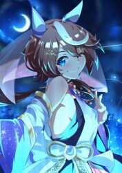 Rule 34 | 1girl, absurdres, animal ears, bare shoulders, blue eyes, blush, breasts, brown hair, cloud, crescent moon, detached sleeves, dress, ear covers, grin, highres, horse ears, horse girl, jewelry, long hair, looking at viewer, moon, multicolored hair, necklace, night, one eye closed, outdoors, ponytail, sanami (sanami t 38), sideboob, sleeveless, sleeveless dress, small breasts, smile, solo, star (sky), streaked hair, tokai teio (dream butterfly of purple clouds) (umamusume), tokai teio (umamusume), tree, umamusume, upper body, veil, white dress