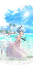 Rule 34 | 1girl, absurdres, ahoge, aizawa masaya, animal, arm behind back, arm behind head, back, bare shoulders, beach, bird, blue hair, blue sky, bracelet, breasts, clenched hand, closed mouth, cloud, cloudy sky, collarbone, commentary request, day, dove, dress, elbow gloves, from side, full body, girls&#039; frontline, gloves, hair ornament, hair over one eye, hairband, hairpin, halter dress, halterneck, hand on own ass, head tilt, highres, in water, jewelry, light blue hair, looking at viewer, medium breasts, ocean, official alternate costume, outdoors, palm tree, purple eyes, rock, sand, short hair, sky, smile, solo, sun, sunlight, transparent background, tree, water, wet, dove, white dress, white gloves, zas m21 (girls&#039; frontline), zas m21 (white queen) (girls&#039; frontline)