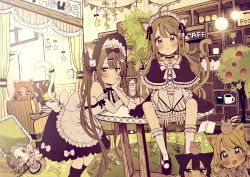 Rule 34 | 6+girls, animal ears, bare shoulders, bell, between legs, black bow, black capelet, black dress, black footwear, black socks, blonde hair, blue eyes, blush, bow, braid, brown eyes, brown hair, capelet, cat ears, cat girl, cat tail, chair, chibi, commentary request, dress, elbow gloves, frilled capelet, frills, gloves, hair bell, hair between eyes, hair bow, hair ornament, hairclip, hand between legs, highres, indoors, jingle bell, kneehighs, long hair, long sleeves, looking at viewer, maid, maid headdress, multiple girls, on chair, on table, open mouth, original, parted lips, pennant, sakura oriko, shoes, sitting, sitting on table, sleeveless, sleeveless dress, socks, star (symbol), string of flags, stuffed animal, stuffed fish, stuffed toy, table, tail, tail bell, tail ornament, tail raised, tree, very long hair, wavy mouth, white gloves, white legwear, wide sleeves