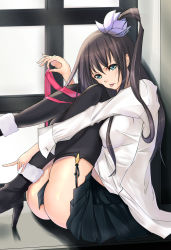 Rule 34 | 1girl, :p, ass, black hair, black thighhighs, blue eyes, garter straps, high heels, highres, hugging own legs, kagerou (shadowmage), knees to chest, knees together feet apart, legs, original, ponytail, shoes, sitting, thighhighs, tongue, tongue out