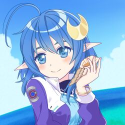 Rule 34 | 1girl, ahoge, blue eyes, blush, closed mouth, cloud, conch, crescent, crescent hair ornament, hair ornament, jewelry, looking at viewer, military uniform, ocean, pointy ears, rena lanford, sevenfold fairytale, short hair, smile, solo, star ocean, star ocean blue sphere, star ocean the second story, uniform